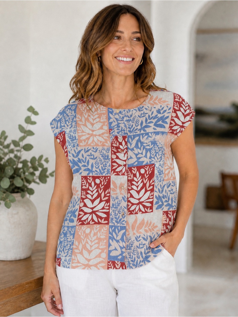 Sigrid Olsen Womens M 100% Linen Patchwork Floral Button Front Top Coastal Boho